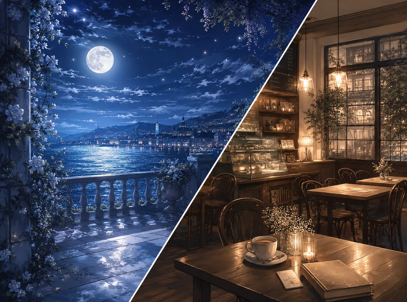 月明かりの夜景と静かなカフェの室内